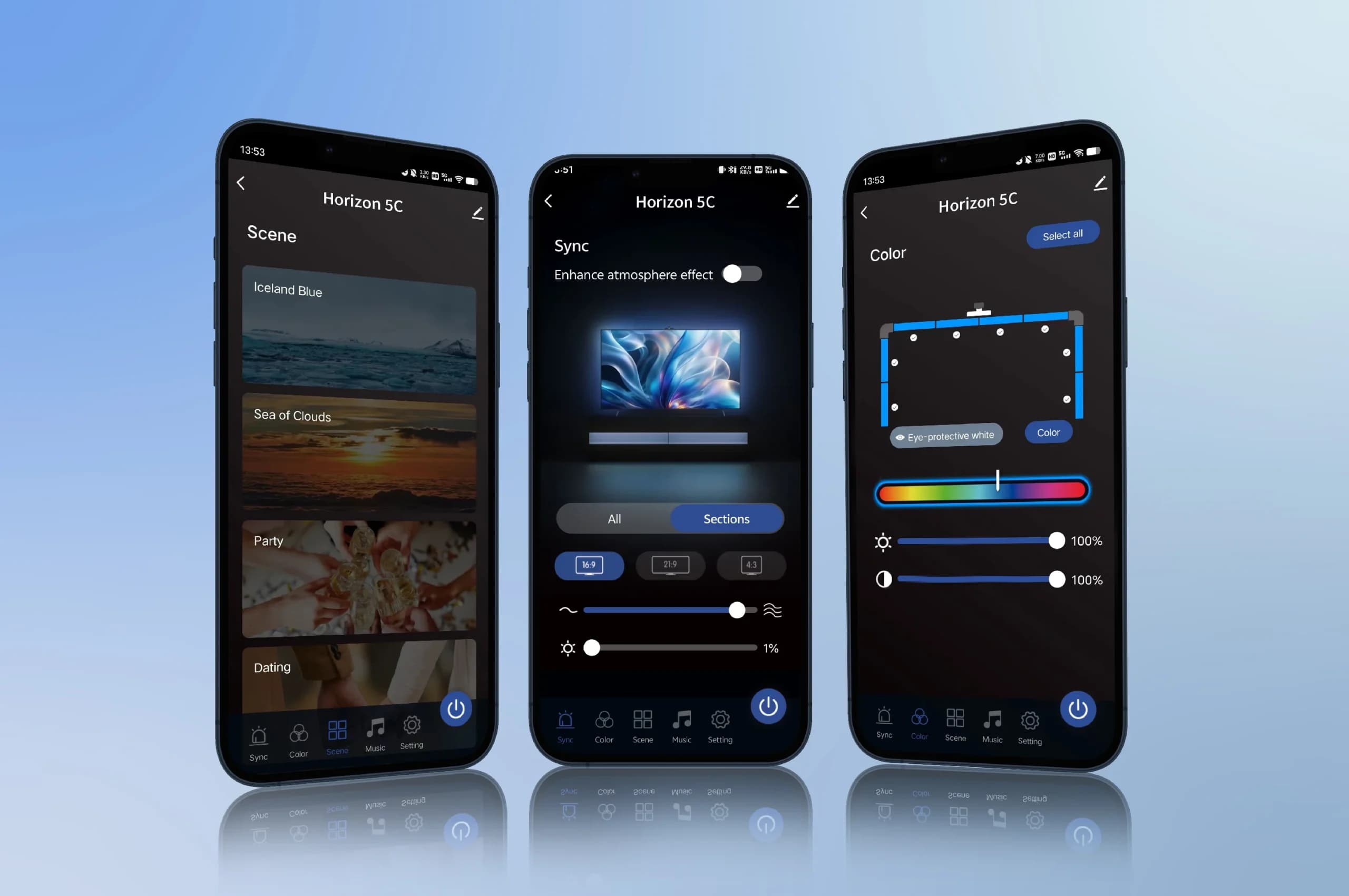 Horizon 5C mobile app showing Scene, Sync, and Color controls
